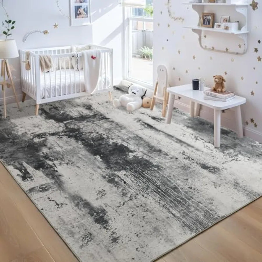 Living Room Rug 7x10 Ink Black Area Rugs Machine Washable Abstract Boho Large Rug NonSlip NonShedding Faux Wool Indoor Vintage