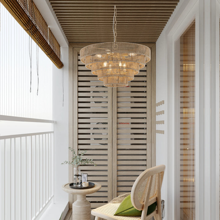 Bohemian style Woven Pendant Light 23.6 Inch Rattan Ligh Large Rattan Pendant Light with 5-Tier Rattan Chandelier