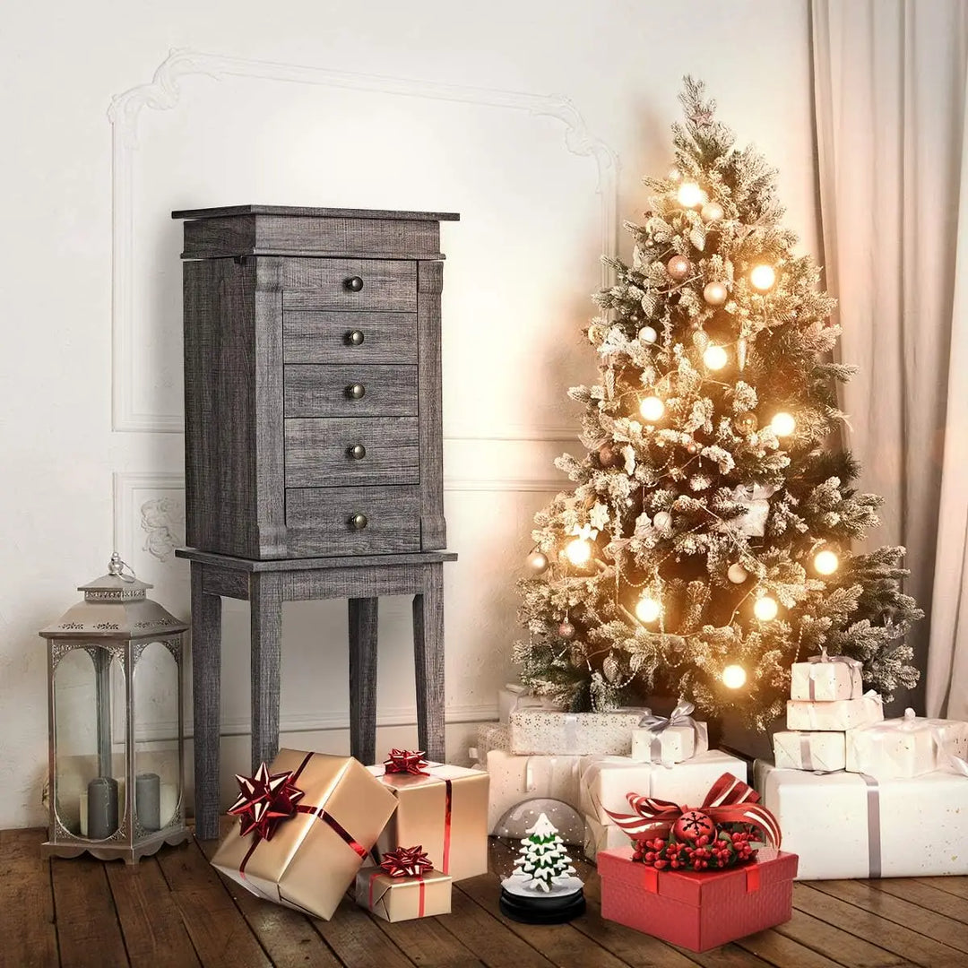 Jewelry Cabinet Armoire with 5 Drawers, 2 Side Doors with 8 Necklace Hooks, Top Flip Mirror, 4-Compartments Organizer, Standing