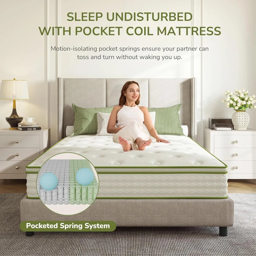 Queen Mattress,  Inch Innerspring Queen Size Hybrid Mattress with Individually Pocket Innerspring for Cool Motion Isolation &