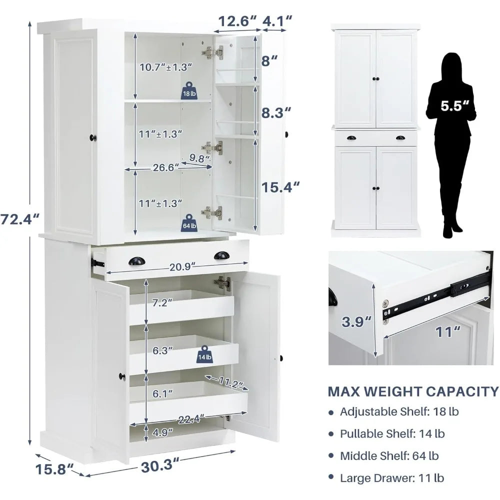 72.4" Kitchen Pantry Cabinet, Tall Storage Cabinet with Pull-Out Shelf Board and Drawer, Freestanding Cupboard with Ad