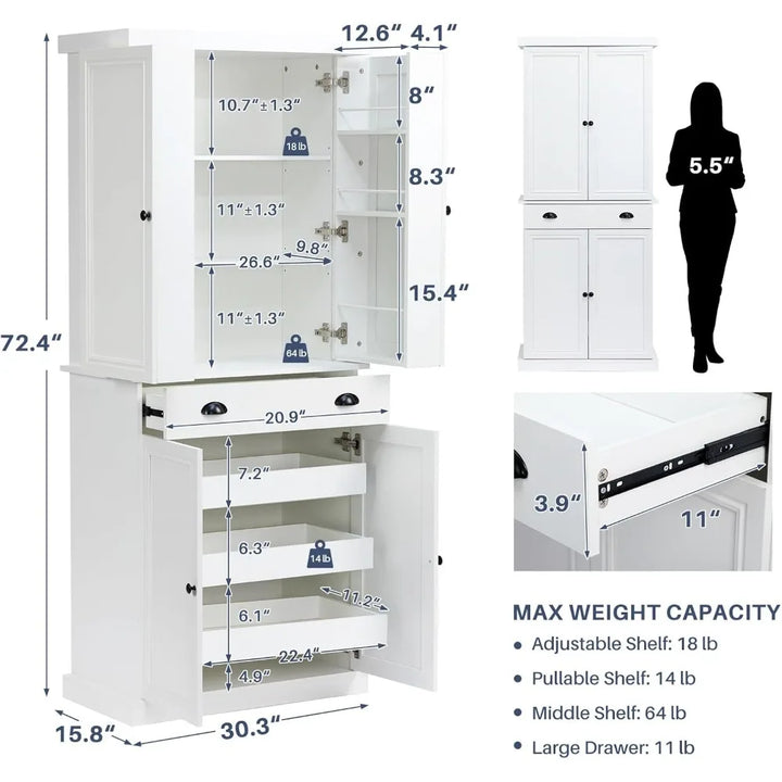72.4" Kitchen Pantry Cabinet, Tall Storage Cabinet with Pull-Out Shelf Board and Drawer, Freestanding Cupboard with Ad