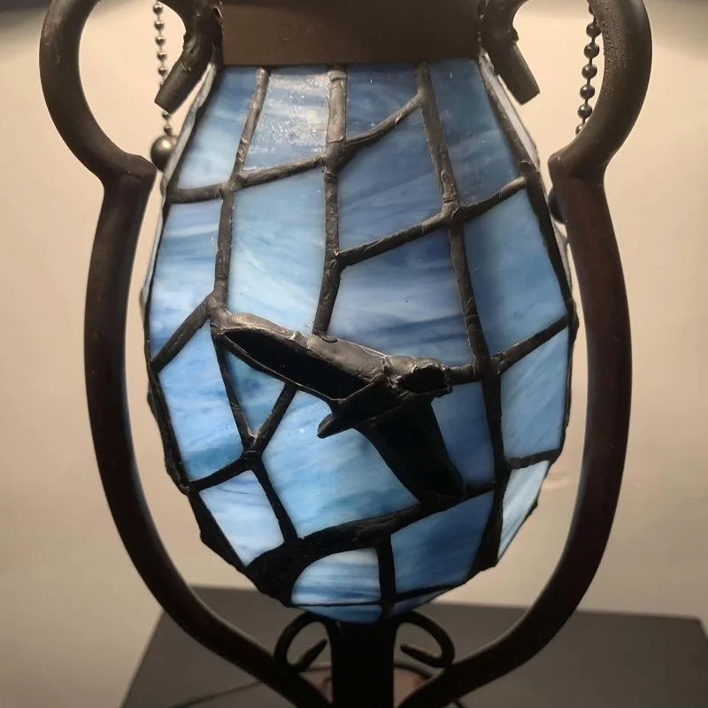 L10954 Raven Sitting on Bare Tree Branch in Full Moon Night Tiffany Style Stained Glass Table Lamp for Home Decor (Dark Bl