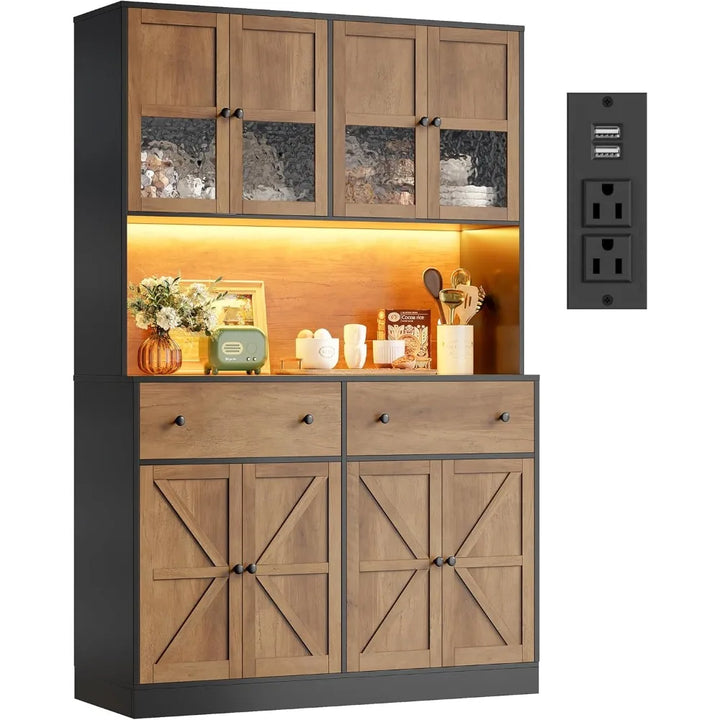 71" Pantry Cabinet with LED Light and Charging Station, Farmhouse Kitchen Pantry Cabinet with Microwave Stand, 47.2" W