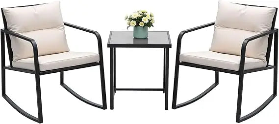 3 Piece Rocking Bistro Set Wicker Patio Outdoor Furniture Porch Chairs Conversation Sets with Glass Coffee Table (Beige)