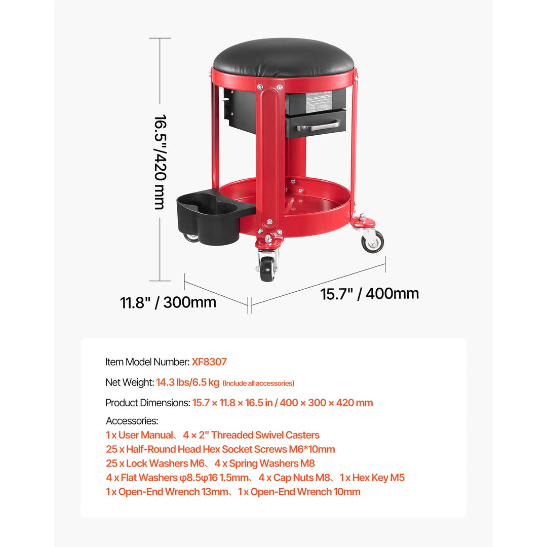 VEVOR Rolling Mechanic Stool with Wheels 300 lbs Garage Seat/Work Stool Padded Roller Creeper Seat with Fixed Height, for Garage