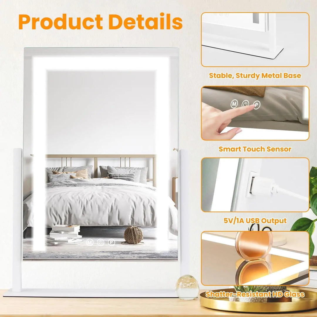Lighted Makeup Mirror 15.74X11.81 Vanity Mirror with Lights Three Color Modes 10X Magnification Smart