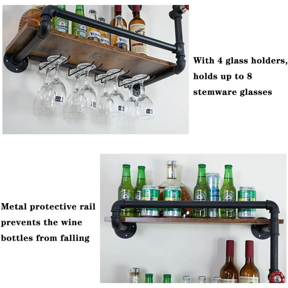 Wall-Mounted 2-Tier Mini Bar Shelf with Glass Holder for Small Liquor Storage, Industrial Rustic Style