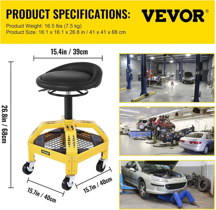 Rolling Garage Stool, 300LBS Capacity, Adjustable Height from 24 in to 28.7 in, Mechanic Seat with 360-degree Swivel Wheels