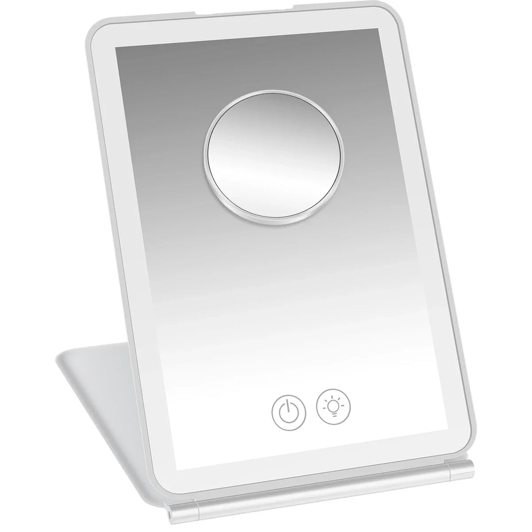 LED Makeup Mirror, Foldable Travel Cosmetic Mirror with Light, Touch Screen, Dimmable, 10X Magnifying Vanity Mirror