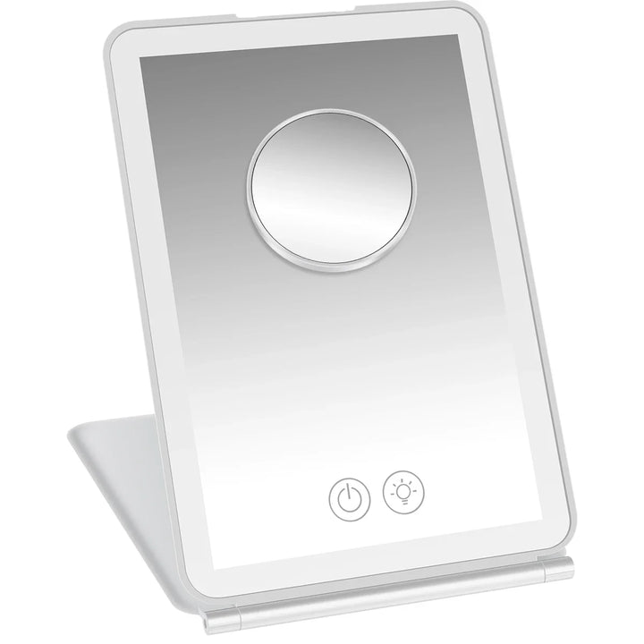 LED Makeup Mirror, Foldable Travel Cosmetic Mirror with Light, Touch Screen, Dimmable, 10X Magnifying Vanity Mirror