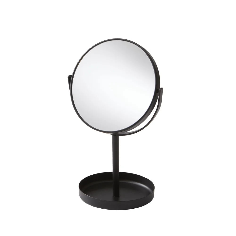 Dual-Sided Vanity Mirror 360 Degree Swivel Compact Design Freestanding Durable Metal Construction Elegant Makeup Organizer Tray