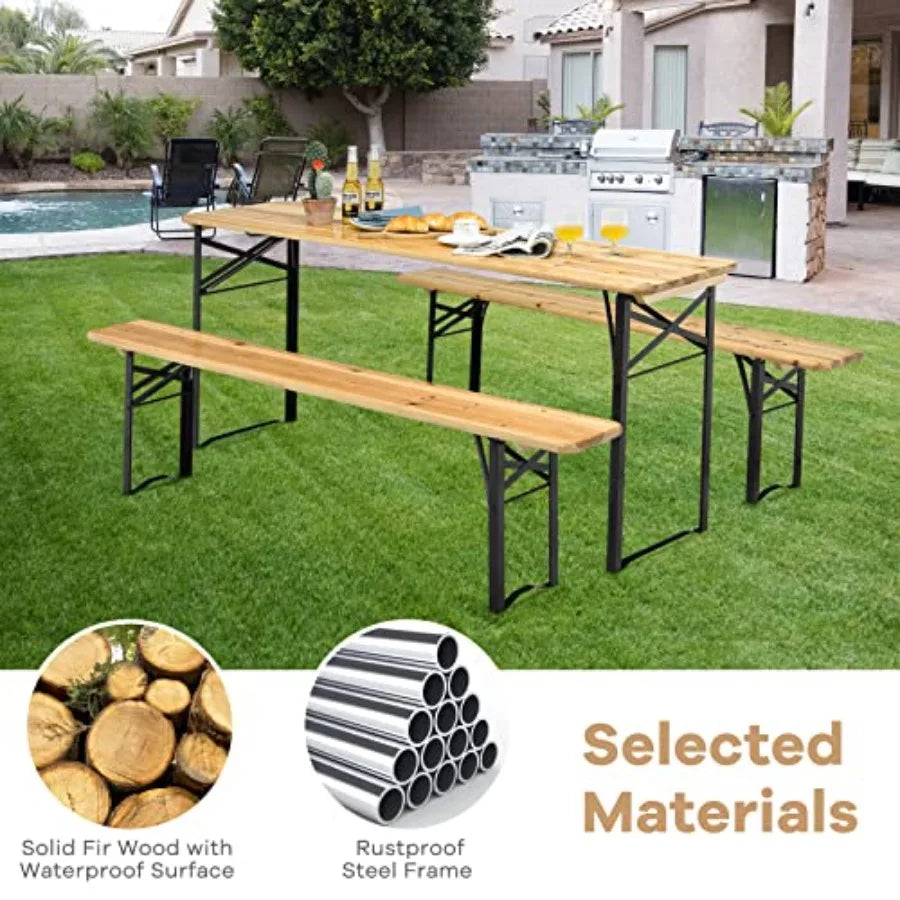 Foldable Picnic Table with Benches 3Piece 70 Portable Beer Garden Table with Sturdy Steel Frame Folding Wooden Picnic Tables f