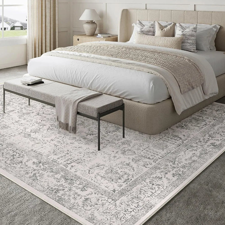 Vintage-Style 6x9 Area Rug, Machine Washable, Distressed Look, Non-Slip, Grey Floral Pattern for Living Room and Bedroom