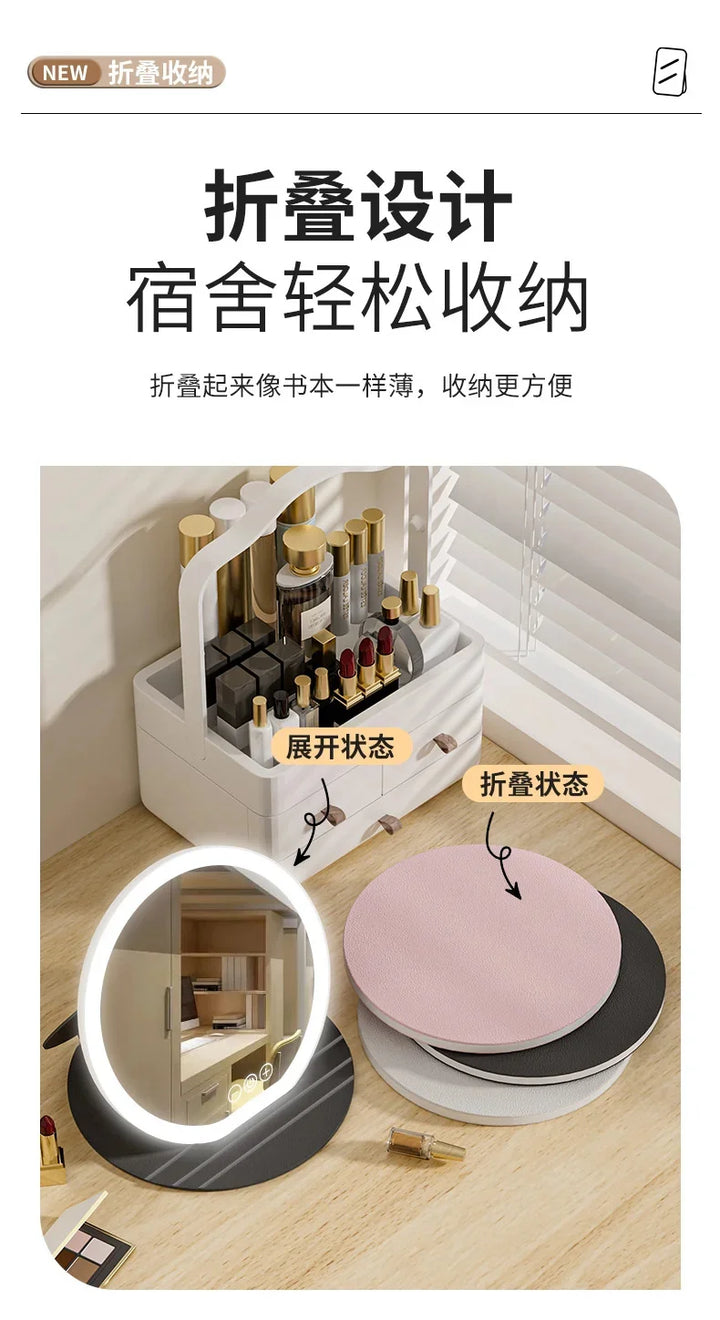 3 Colors Dimmable LED Makeup Mirror With Touch Screen Fold Cosmetic Makeup Mirror Rechargeable Tabletop For Travel & Home Use