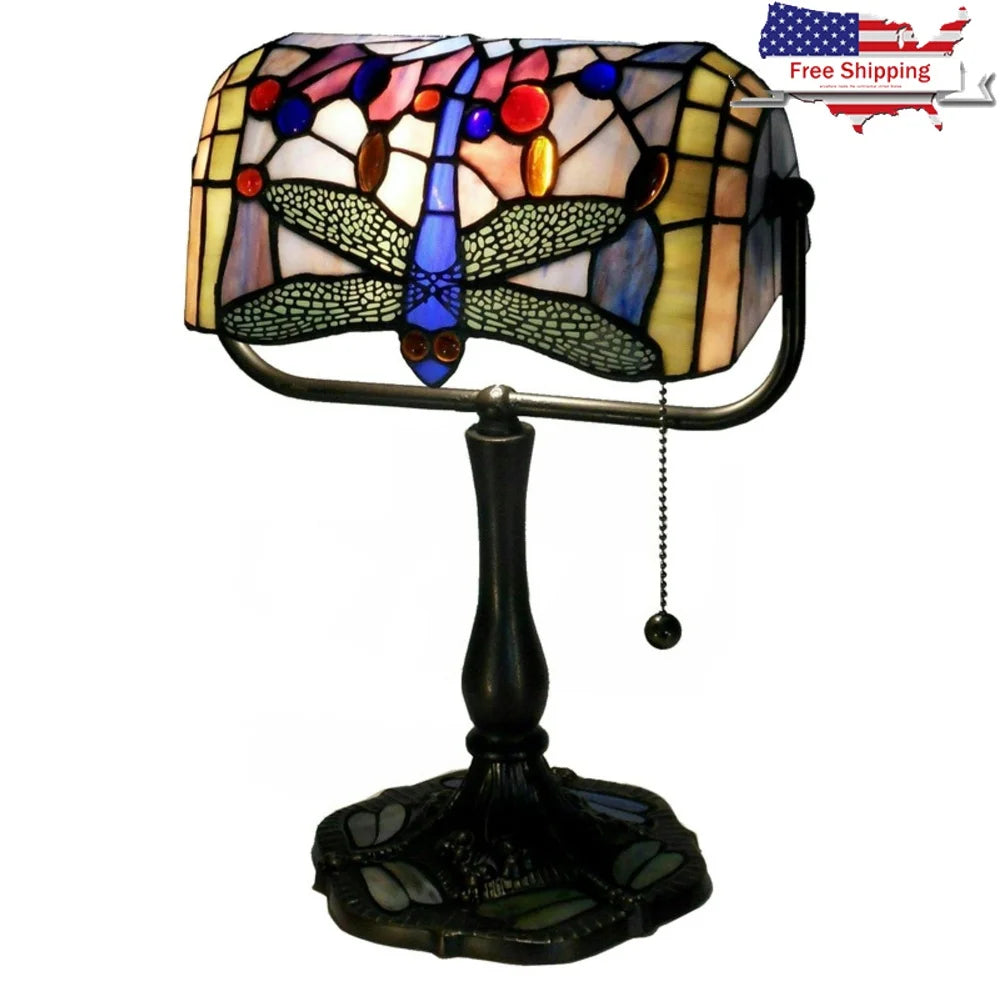 Bronze Banker Desk Lamp Stained Glass Dragonfly Shade Metal Base Adjustable Light Home Office Table Decoration