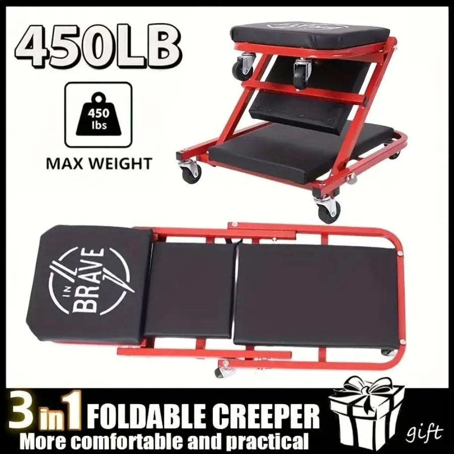 36 Inch 3 in 1 Mechanical Creeper with Brake Mode Z Seat 450 lbs Capacity Adjustable Foldable 6 Wheel Garage Rolling Seat Lay D