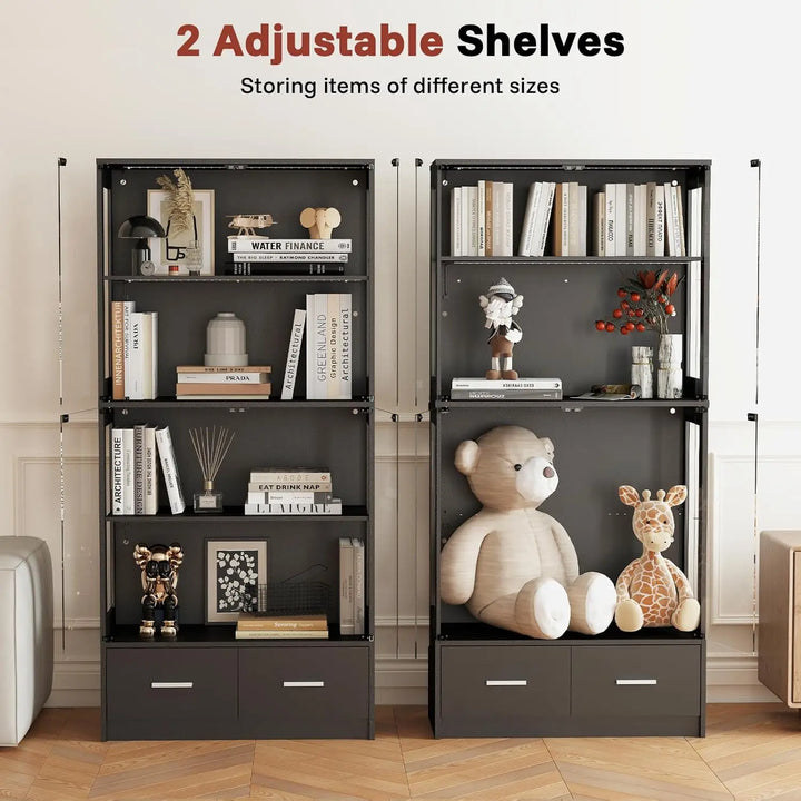 Glass Display Cabinet with Doors - Curio Cabinet with Dynamic LED Lights for Collectibles, 67" Display Case with 4 Tier &Drawers