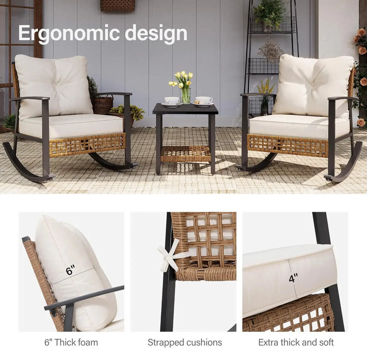 2025-New-3-Piece Rocking Bistro Set, Outdoor Patio Furniture with Thick Cushions and 2-Tier Coffee Table, Oversize Rattan Conver