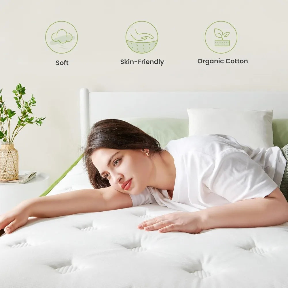 12 Inch Mattress King, Organic Cotton Fabric Cover, Gel Memory Foam and Individual Innersprings, Cooler Sleep with Pressure Reli
