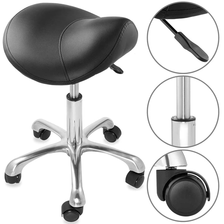 Professional Ergonomic Saddle Stool, Black - Adjustable Hydraulic Seat, Rolling Spa Salon, Massage
