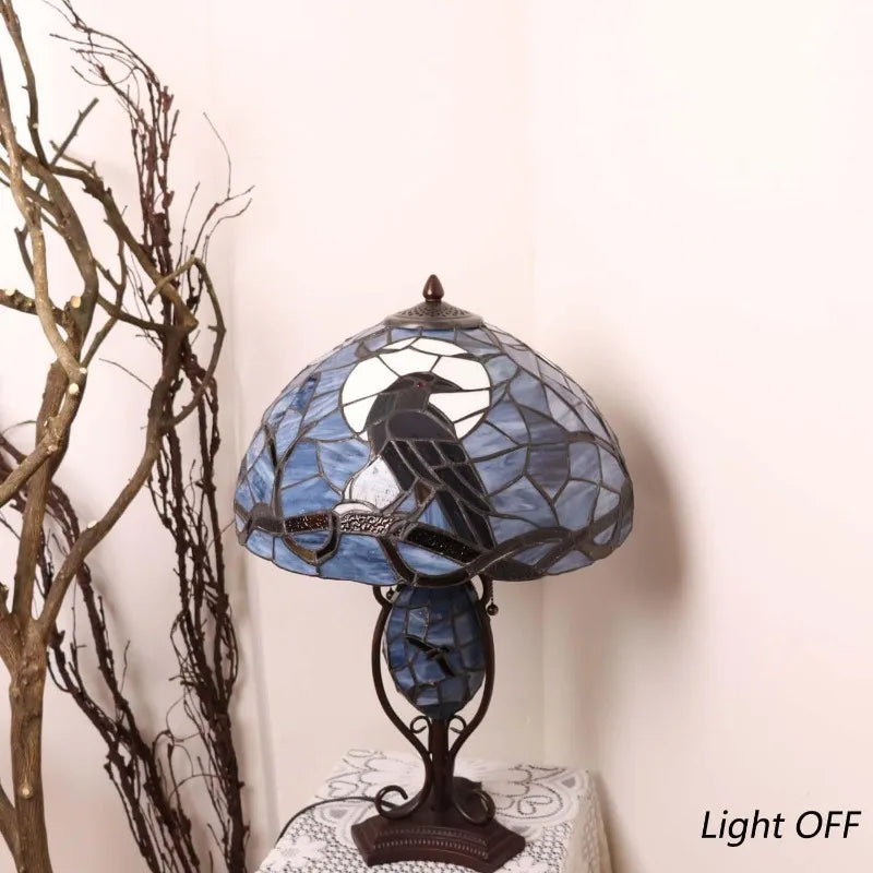 L10954 Raven Sitting on Bare Tree Branch in Full Moon Night Tiffany Style Stained Glass Table Lamp for Home Decor (Dark Bl