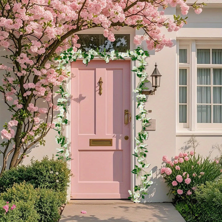 2 Pcs Artificial Cherry Blossom Flower Vine Hanging Cherry Blossom Flower Silk Garland Hanging Vines Faux Flowers For