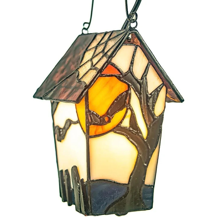 L10938 Spooky Graveyard Tiffany Style Stained Glass Birdhouse Table Lamp for Halloween Decor (21-inch High, Bat Nest)