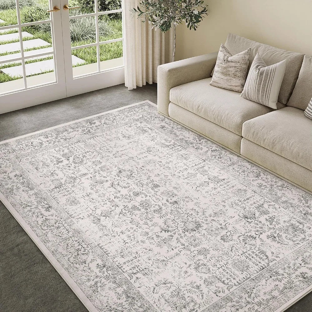Vintage-Style 6x9 Area Rug, Machine Washable, Distressed Look, Non-Slip, Grey Floral Pattern for Living Room and Bedroom