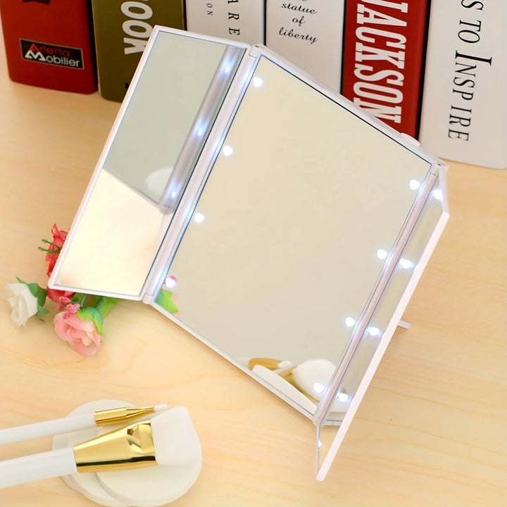 LED Tri-Fold Vanity Makeup Mirror - Illuminating Tabletop Mirror with Adjustable Brightness, Portable Design, Perfect for Beauty