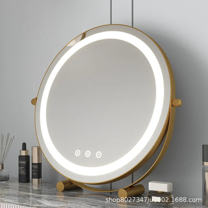 Metal Desktop Makeup Mirror  3-Level LED Lighted Vanity Mirror  Adjustable Rotating Makeup Mirror for Clear Imaging