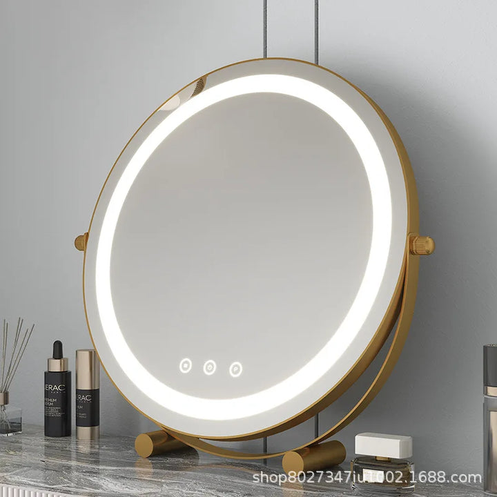 Metal Desktop Makeup Mirror  3-Level LED Lighted Vanity Mirror  Adjustable Rotating Makeup Mirror for Clear Imaging