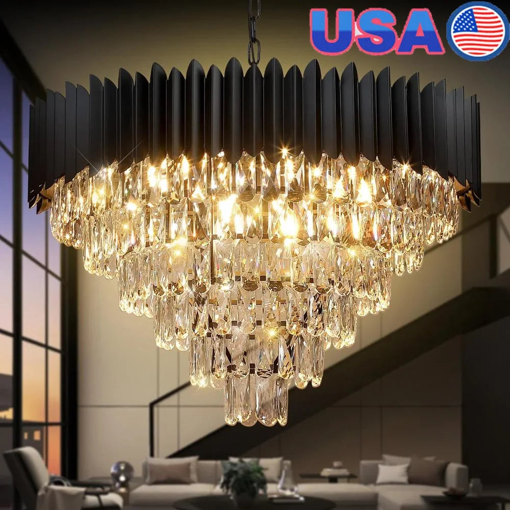 Modern Luxury Black Crystal Chandelier 30" 16-Light Round Fixture High Ceiling Pendant Foyer Living Room Dining Kitchen Hotel