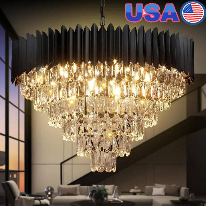 Modern Luxury Black Crystal Chandelier 30" 16-Light Round Fixture High Ceiling Pendant Foyer Living Room Dining Kitchen Hotel