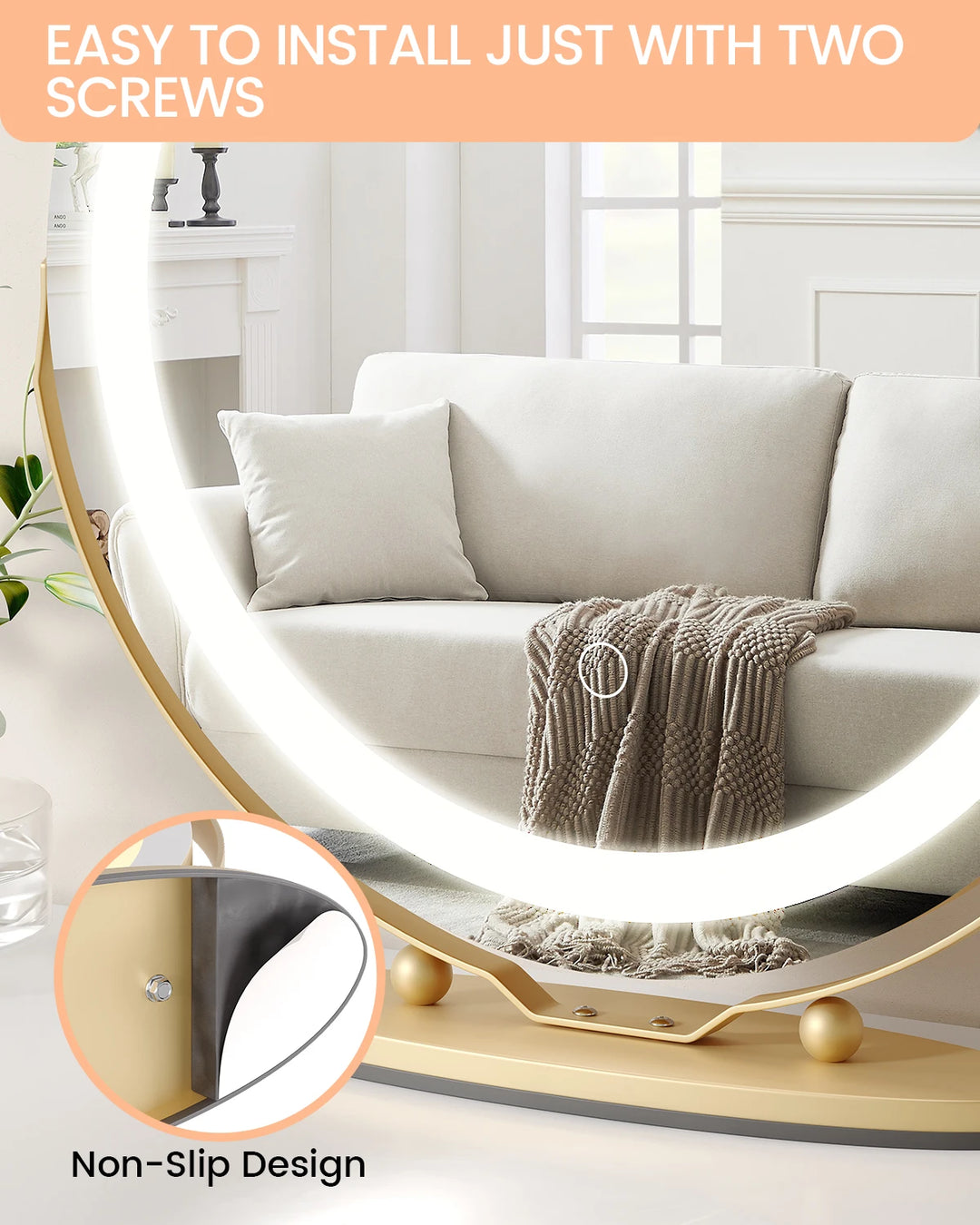 19 Inch Large Round Vanity Mirror with Lights LED Makeup Mirror Touch Control 3 Colors Lighting Dimmable for Bedroom Tabletop