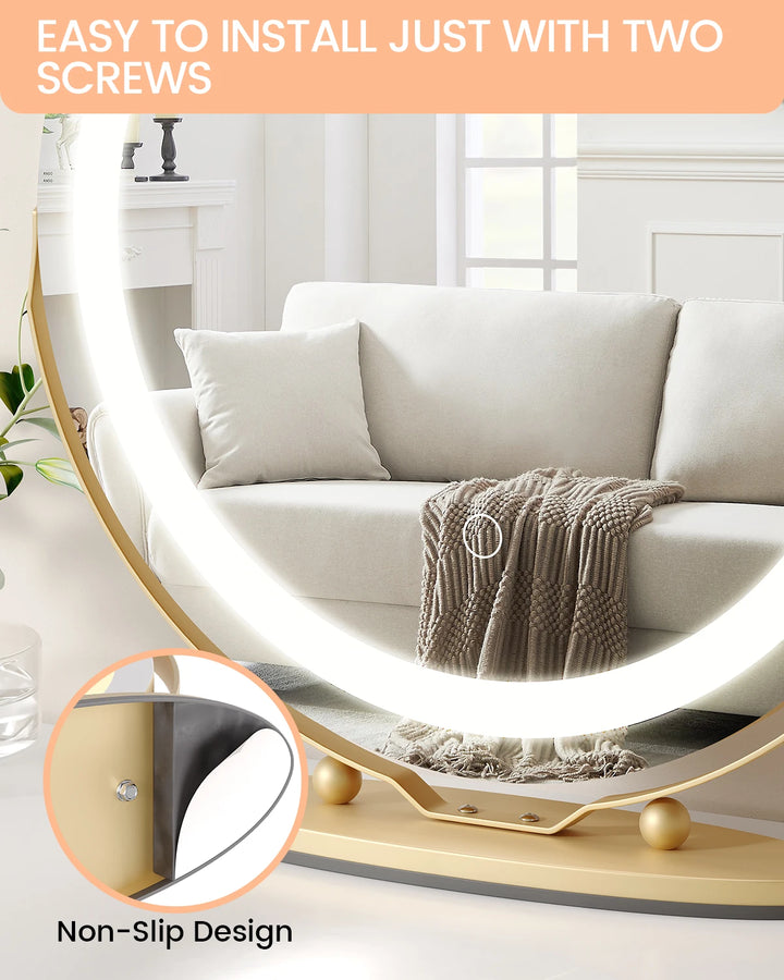 19 Inch Large Round Vanity Mirror with Lights LED Makeup Mirror Touch Control 3 Colors Lighting Dimmable for Bedroom Tabletop