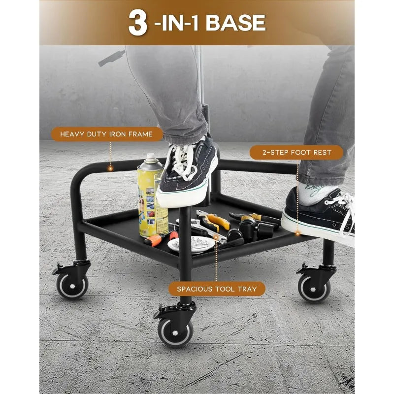 Stool with Lockable Rubber Wheels Adjustable Backrest Tool Tray Storage 400 lb Capacity Rolling Garage Stool (Black)