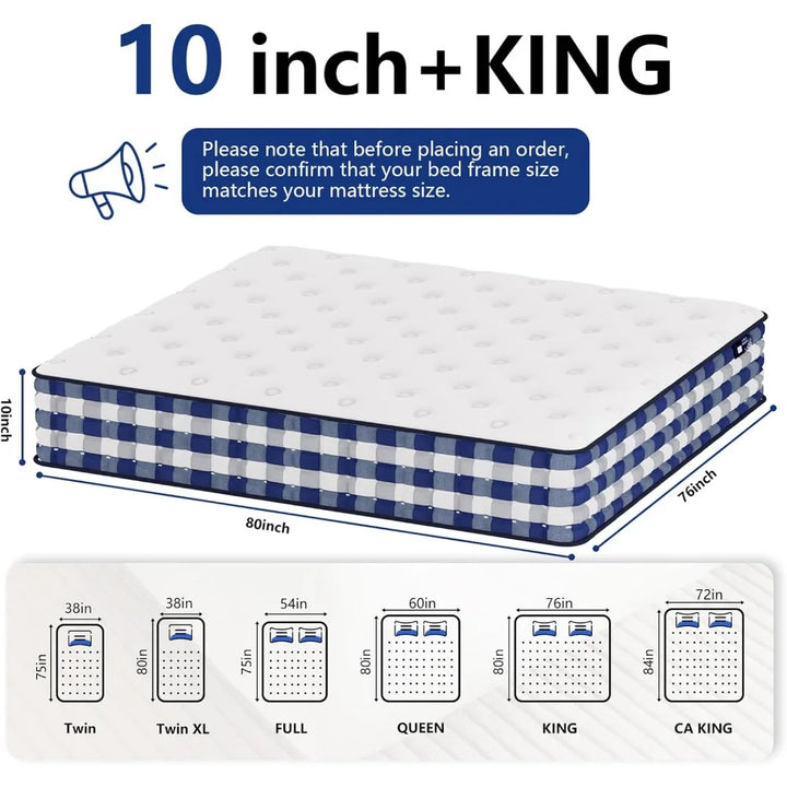 King Size Mattress, Gel Memory Foam Hybrid Mattress in a Box, Independent Pocket Coils for Motion Isolation,