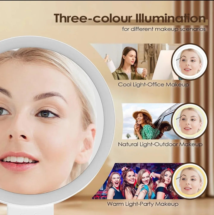 3 Colors LED Vanity Mirror with Touch Screen 5/10x USB Rechargeable Dimming Makeup Mirror 3 Brightness Portable