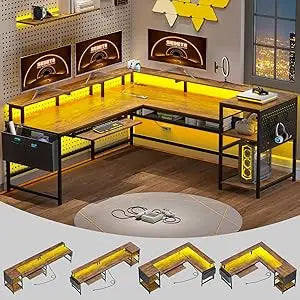 L Shaped Gaming Desk, Reversible Computer Desk, Gaming Desk with Power Outlets & LED Strip, Monitor Shelf, Keyboard Tray, Pegbo