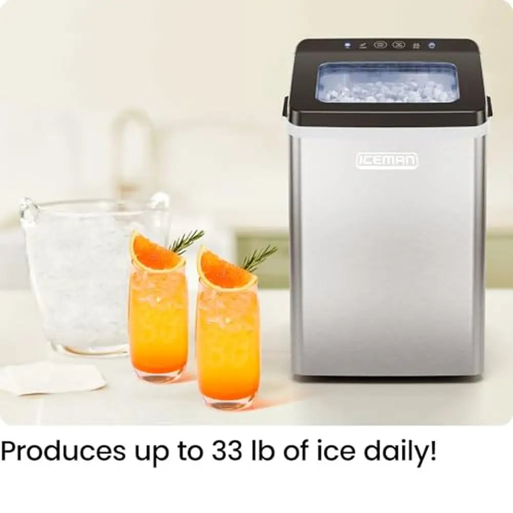 Nugget Ice Maker 33lbs/Day Chewable Pellet Ice LED Control Panel Self-Cleaning Stainless Steel RJ56-PB18-SS