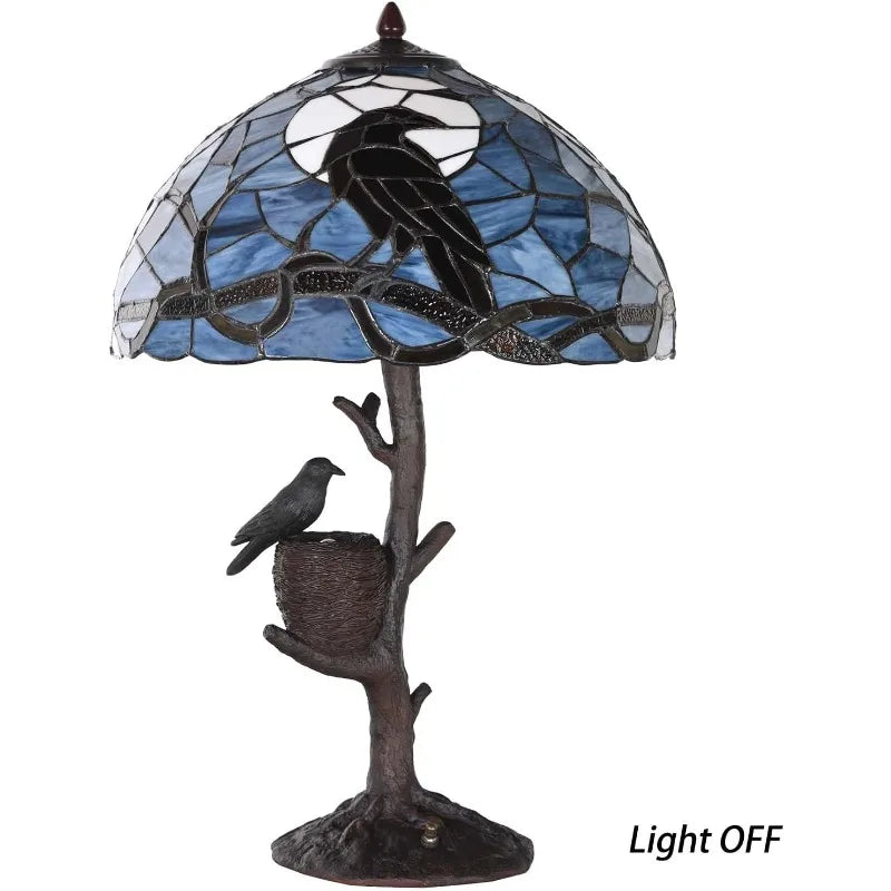 L10968 Raven Sitting on Bare Tree Branch in Full Moon Night Tiffany Style Stained Glass Table Lamp for Home Decor (Dark Bl