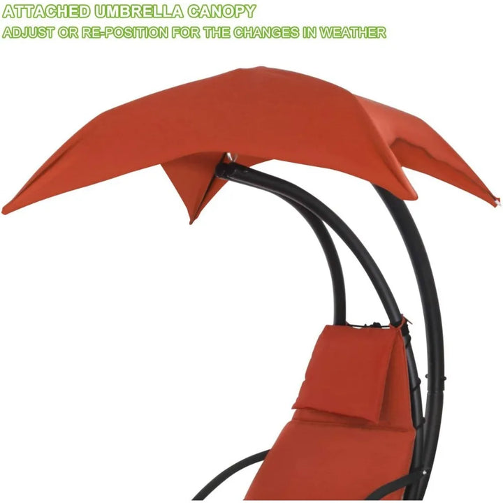 Patio Hanging Chaise Outdoor Lounger Padded Cushion Swing Hammock Chair w/Sun Shade Canopy Umbrella Stand [Orange]