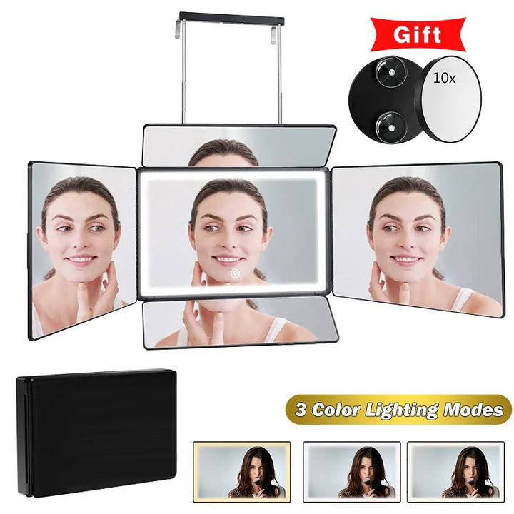 YINGHE 5 Way Mirror for Hair Cutting,Real Glass Adjustable Trifold Mirror with Light,Telescoping Hooks for Makeup and Styling
