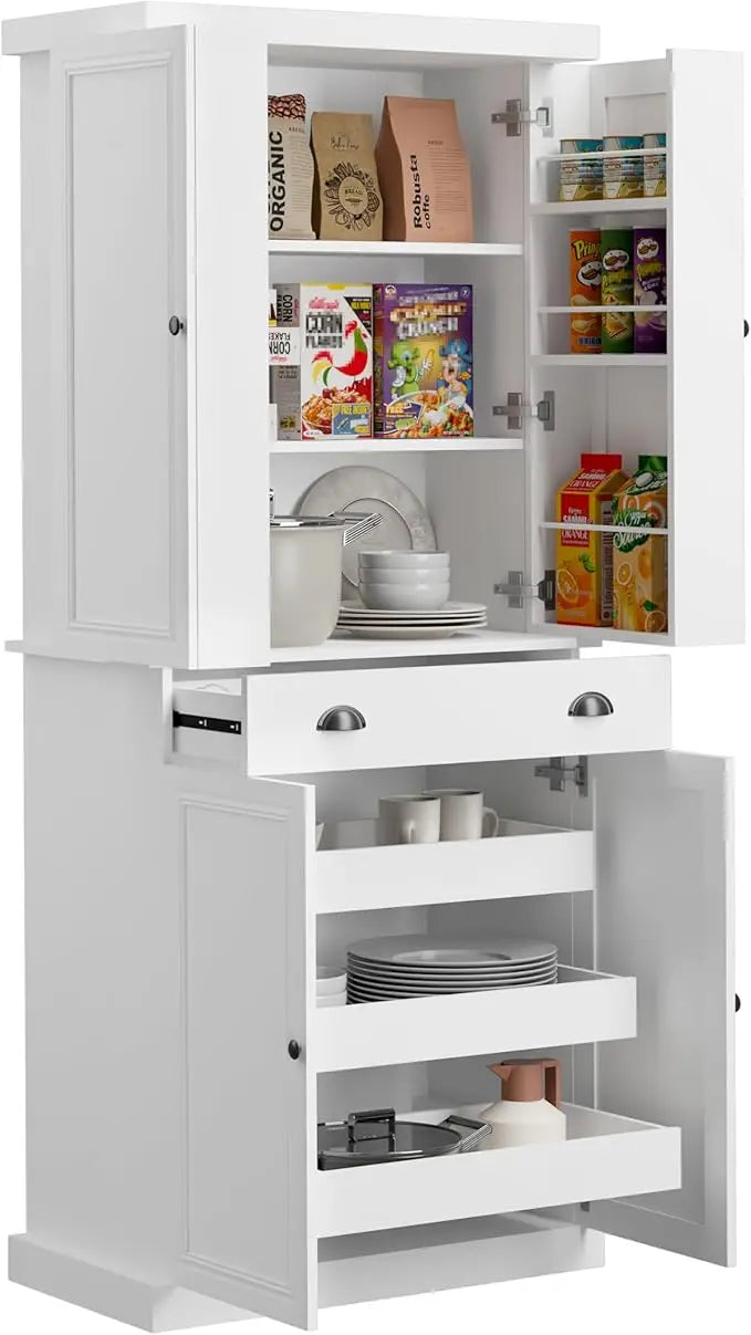 72.4" Kitchen Pantry Cabinet, Tall Storage Cabinet with Pull-Out Shelf Board and Drawer, Freestanding Cupboard with Ad