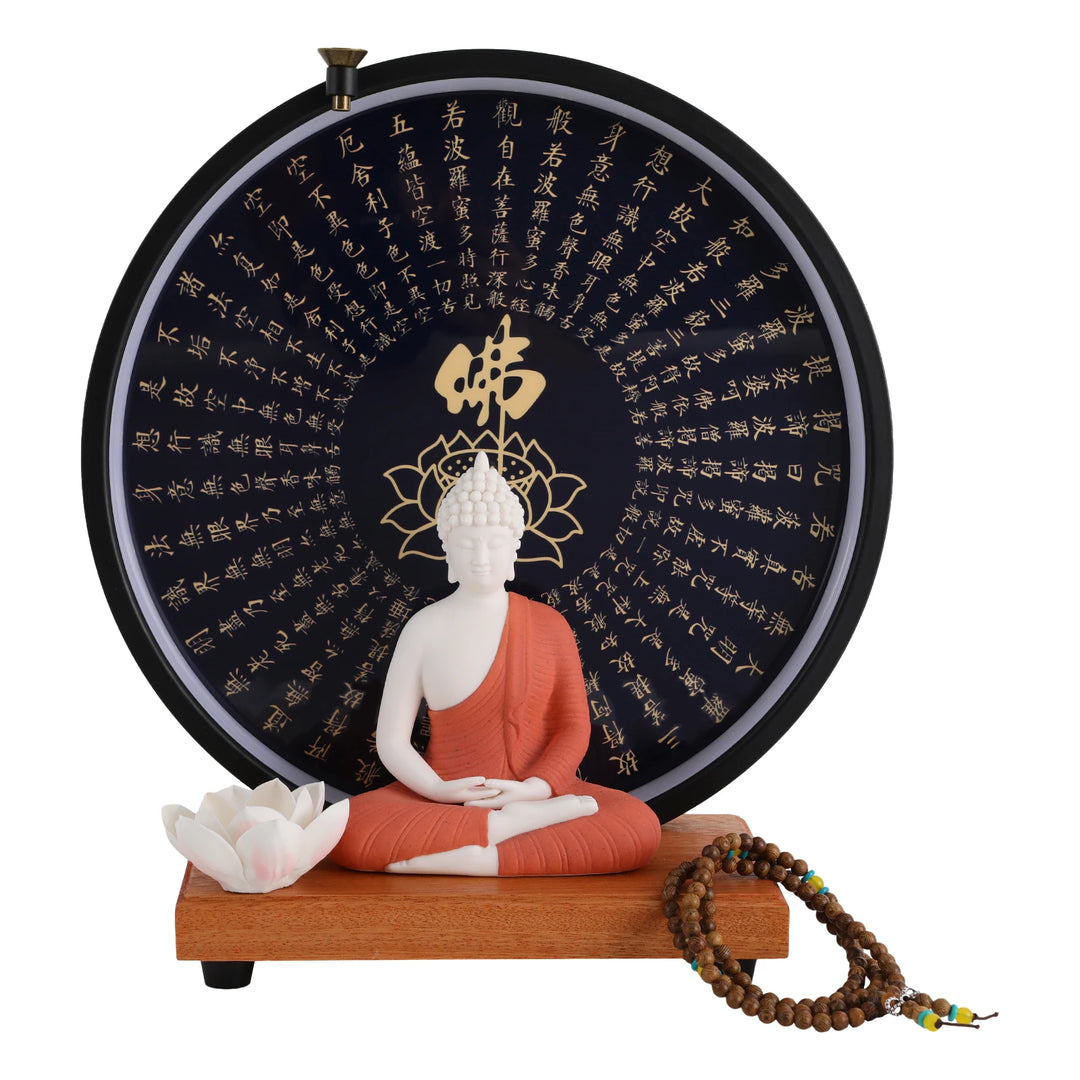 Ceramic Meditating Figurine for Home Décor with Circle LED Lamp – Decorative Sculpture