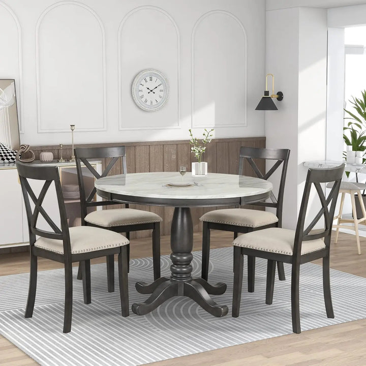 5 Pieces Dining Table and Chairs Set for 4 Persons, Farmhouse Rustic Modern Kitchen Room Solid Wood Pedestal Table with 4 Cross