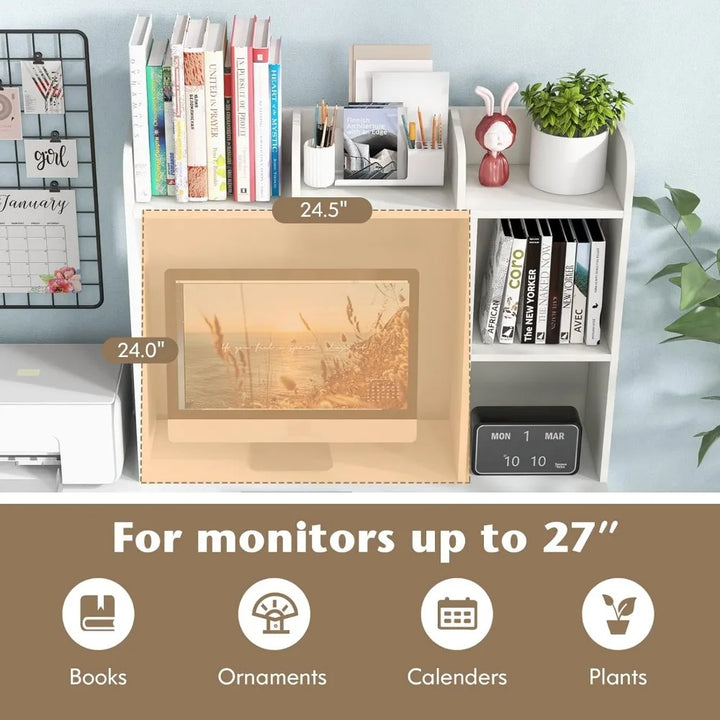 Desktop Bookshelf, Countertop Storage Hutch with 5 Shelves for Computer Desk, Desk 3-Tier Display Rack, Multipurpose Wood Deskt