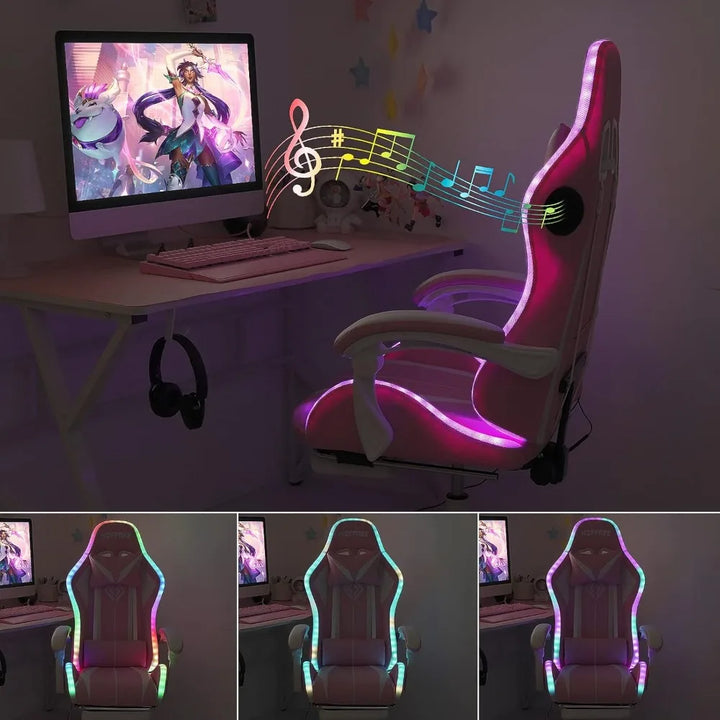 Pink Gaming Chair with Speakers and Led Lights Massage Video Game Chair with Footrest Reclining Computer Gaming Chair for Girls