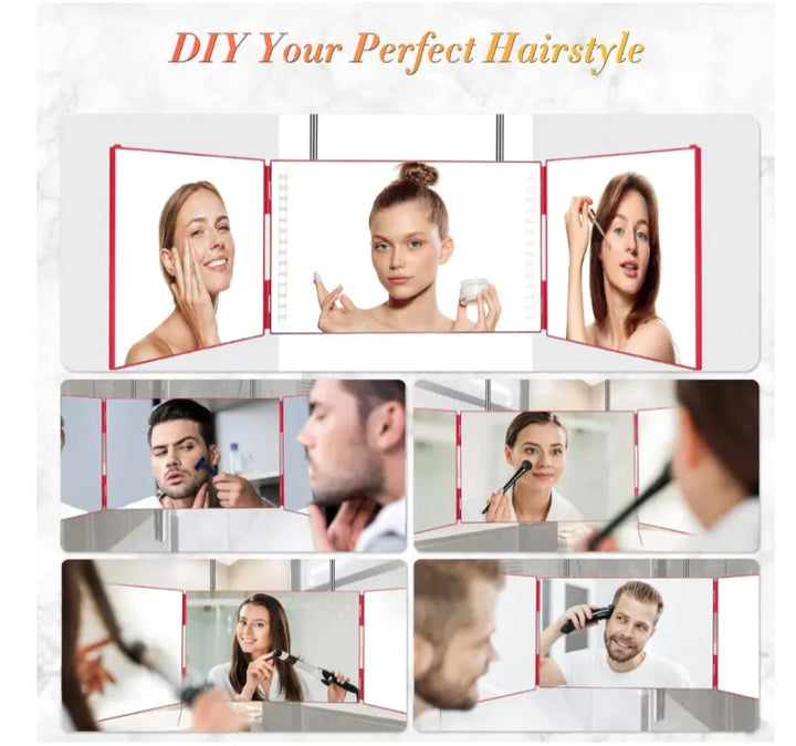Rectangle trifold vanity mirror led lighted adjustable hair cutting  3 way salon hairstyling mirror for self hair cutting 360